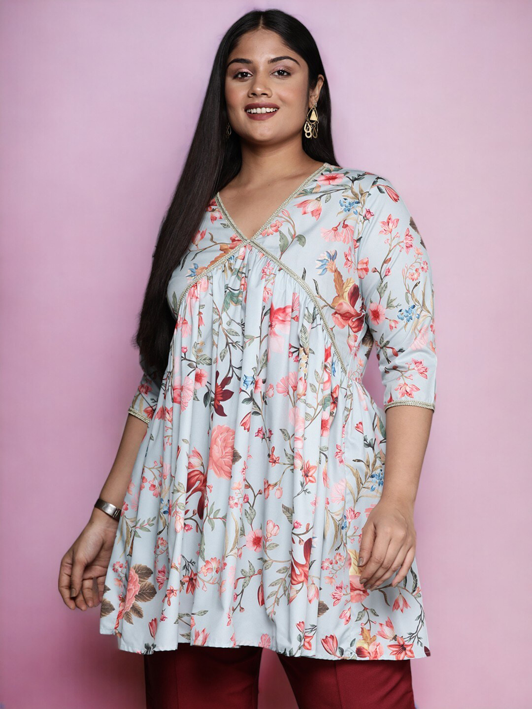 

A PLUS BY AHALYAA Plus Size Floral Printed V-Neck Tunic, Grey
