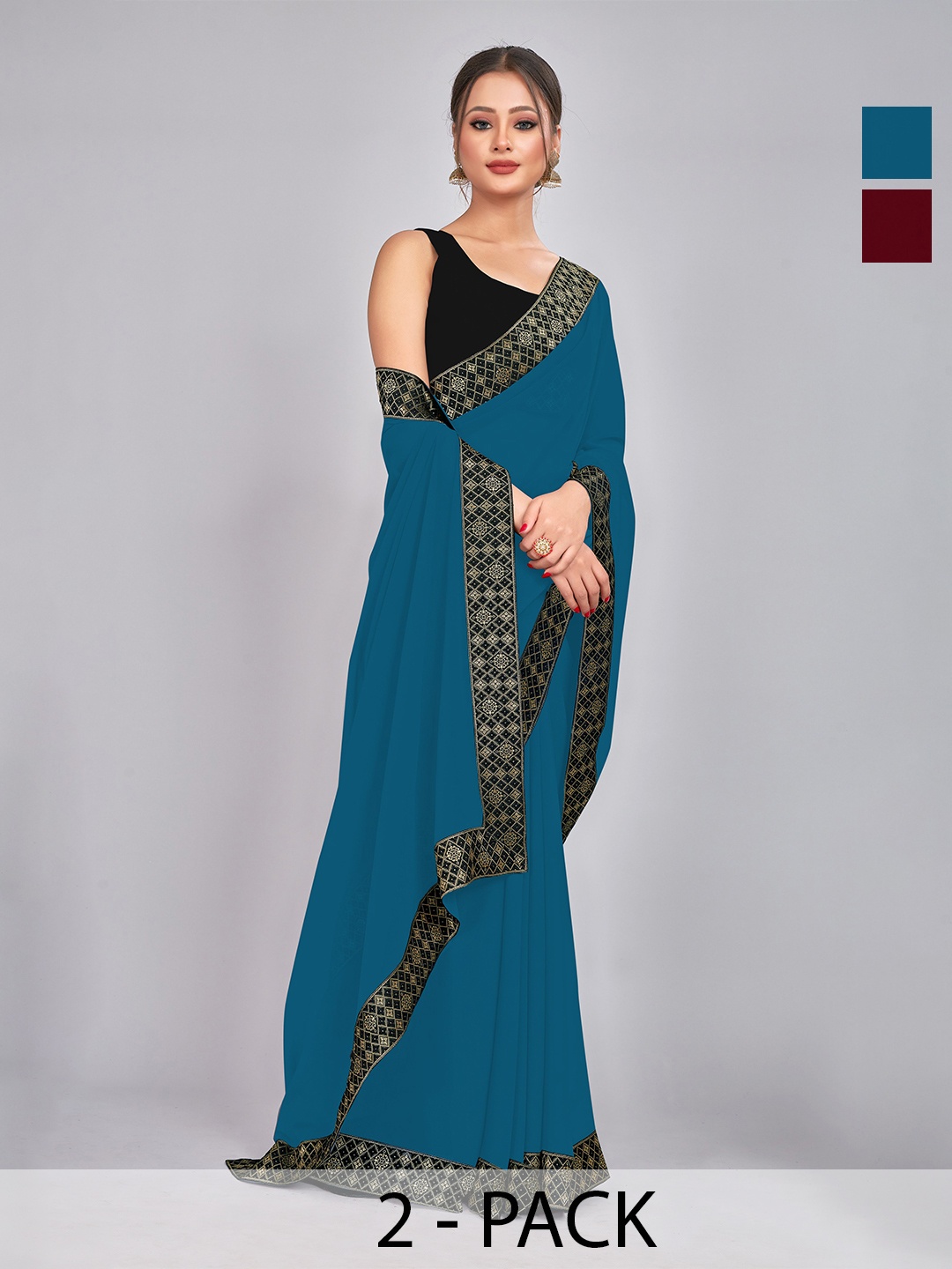 

CastilloFab Selection Of 2 Ethnic Pure Georgette Sarees, Teal