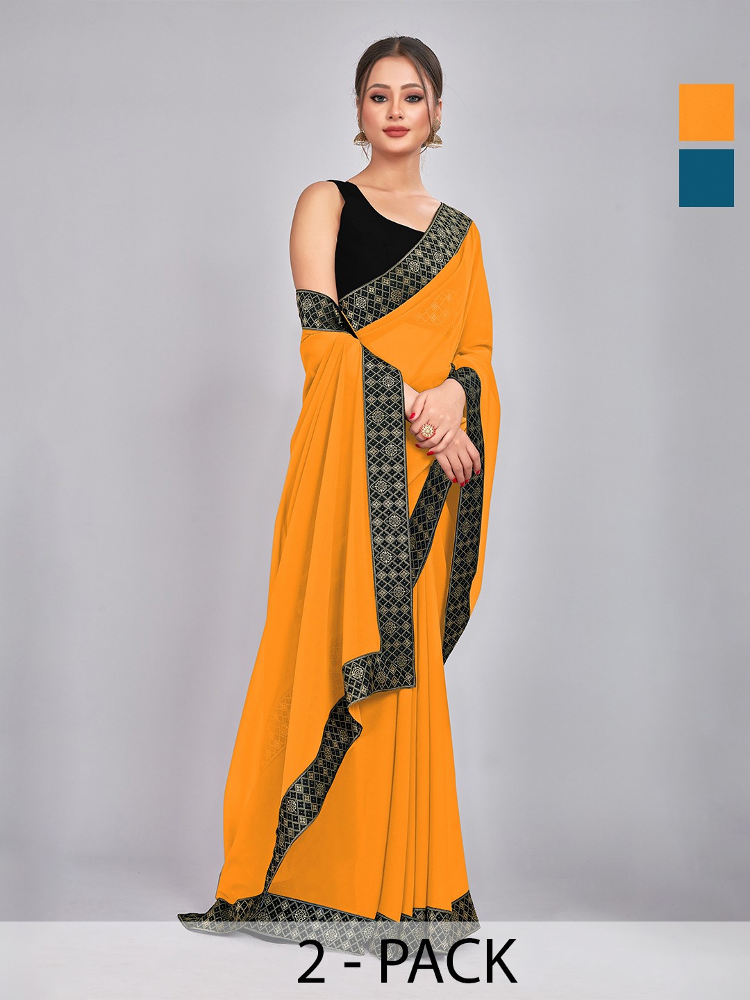 

CastilloFab Pack of 2 Gotta Patti Pure Georgette Saree, Mustard