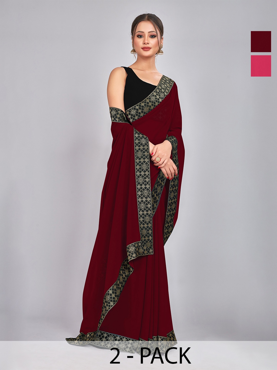 

CastilloFab Pack of 2 Woven Design Georgette Saree With Lace Border, Maroon