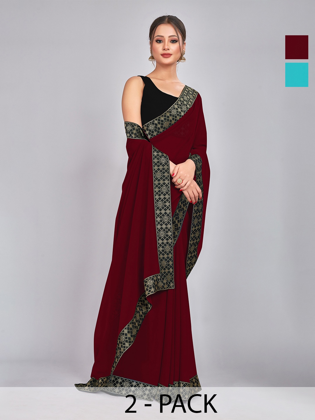 

CastilloFab Pack Of 2 Woven Design Pure Georgette Sarees, Maroon