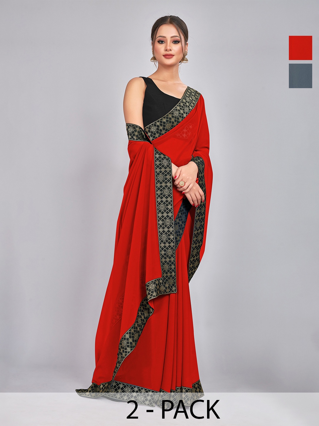 

CastilloFab Pack Of 2 Woven Design Pure Georgette Sarees, Red