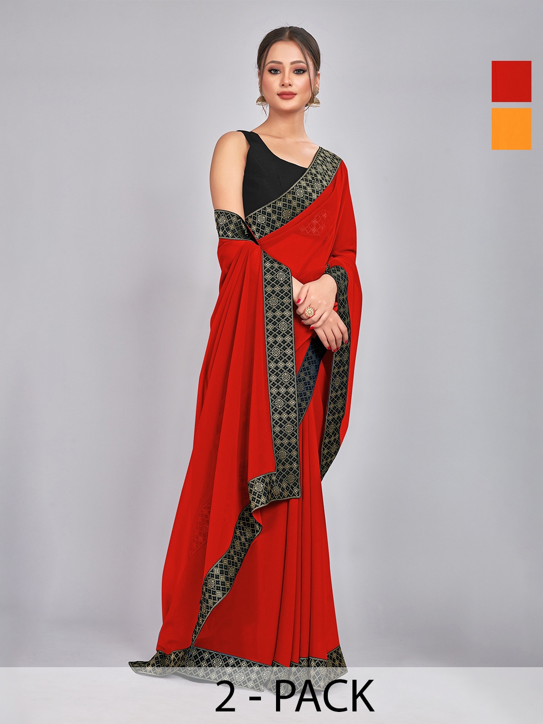 

CastilloFab Pack of 2 Gotta Patti Pure Georgette Saree, Red
