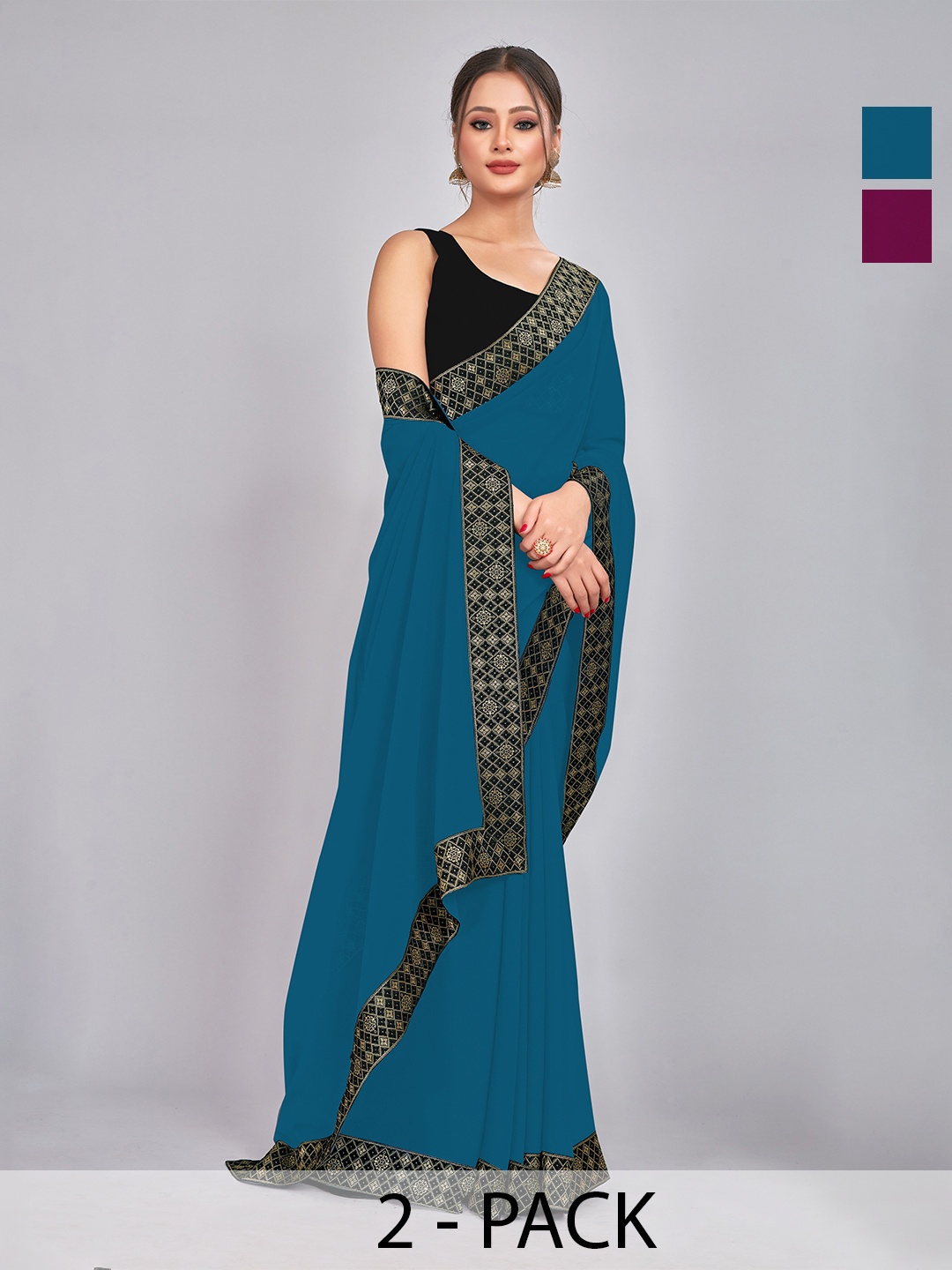

CastilloFab Selection Of 2 Woven Design Pure Georgette Sarees, Teal