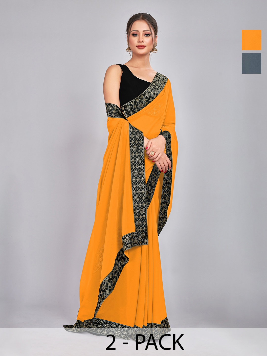 

CastilloFab Selection of 2 Zari Pure Georgette Saree, Mustard