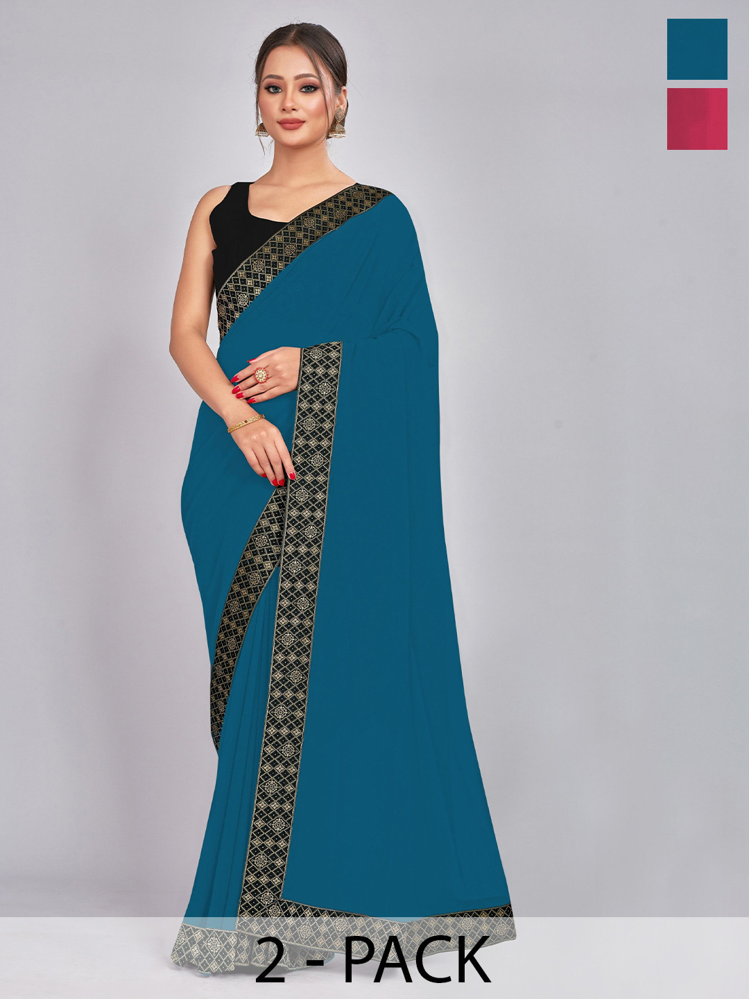 

CastilloFab Selection Of 2 Woven Design Pure Georgette Sarees, Teal