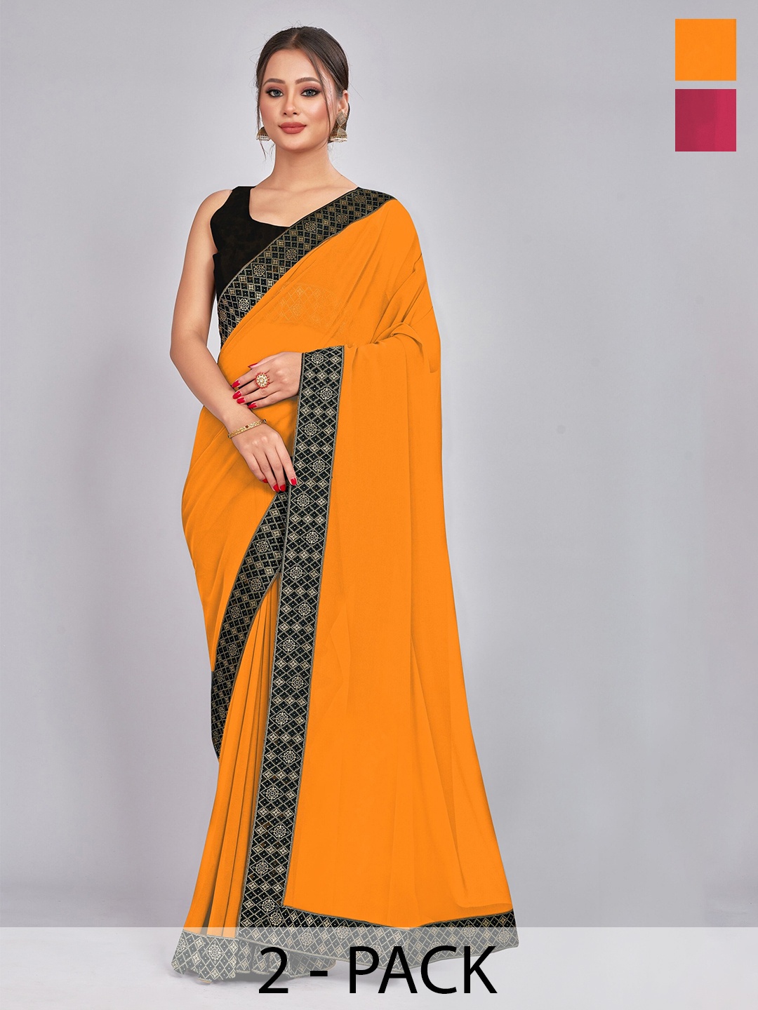 

CastilloFab Mustard & Pink Selection of 2 Pure Georgette Sarees