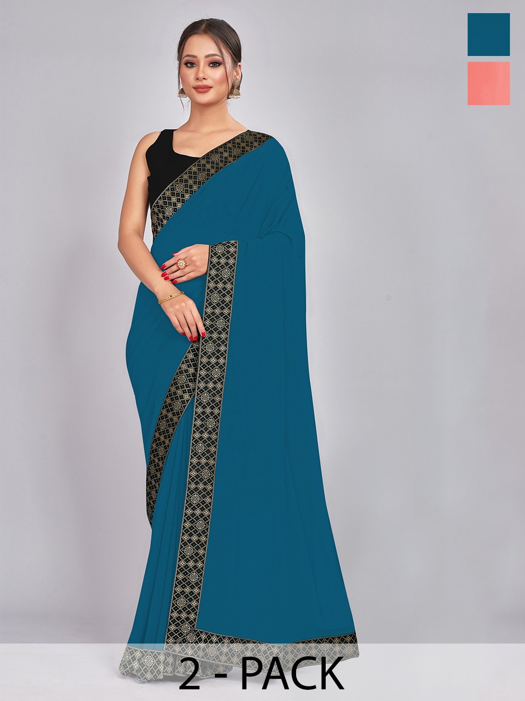 

CastilloFab Pack Of 2 Woven Design Pure Georgette Sarees, Teal