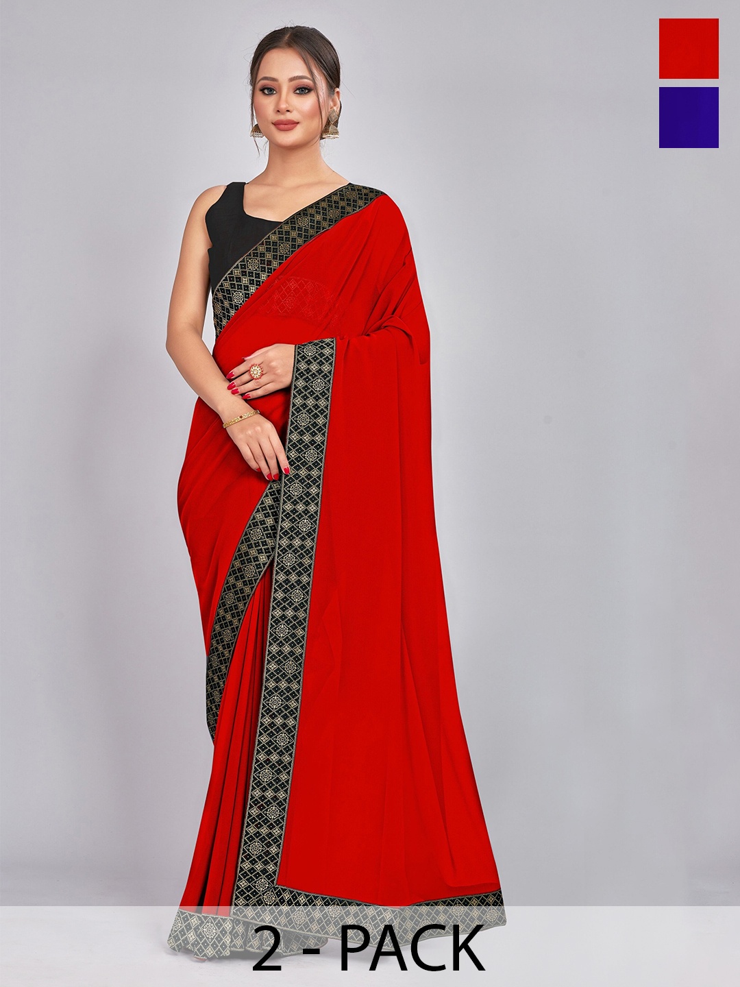 

CastilloFab Red & Blue Pure Georgette Saree