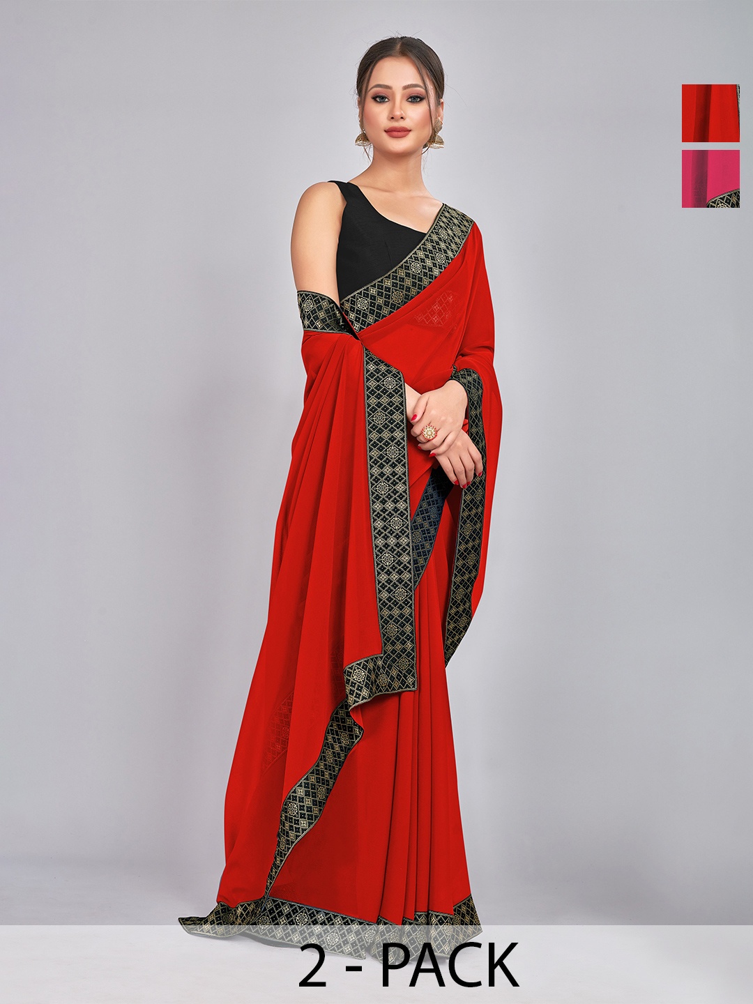 

CastilloFab Selection Of 2 Zari Pure Georgette Saree, Red