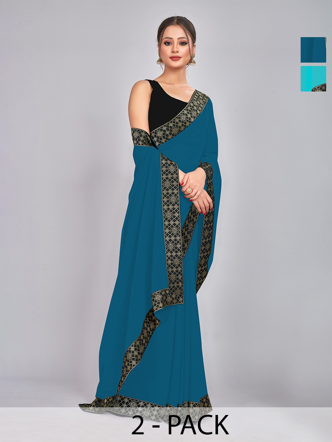 

CastilloFab Selection Of 2 Woven Design Pure Georgette Sarees, Teal