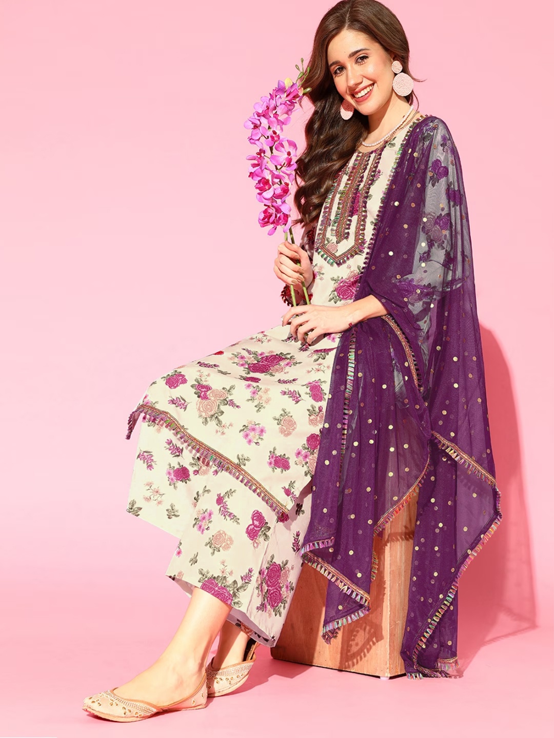 

Ahalyaa Floral Printed Gotta Patti Straight Kurta With Palazzos & Dupatta, Beige