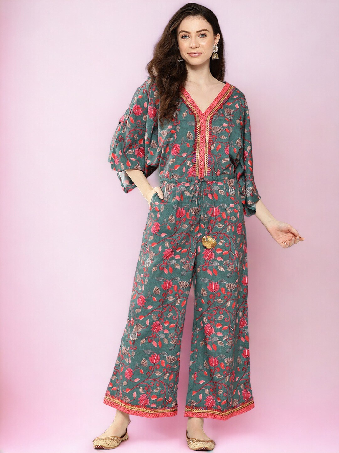 

Ahalyaa Green Floral Printed Basic Jumpsuit with Lace Inserts