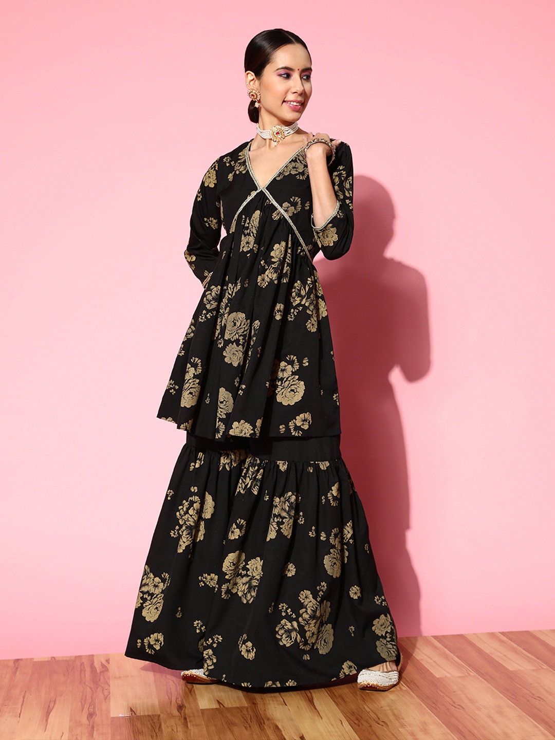 

Ahalyaa Floral Printed Empire Gotta Patti Sharara Set, Black