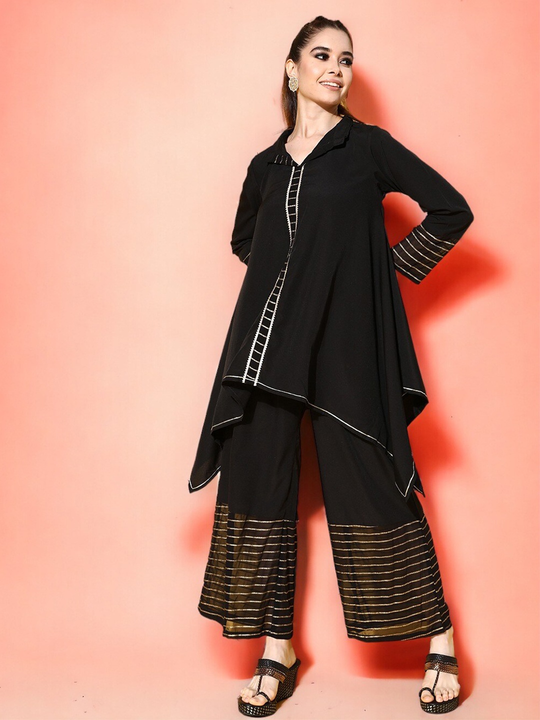 

Ahalyaa Shirt Collar Neck Tunic With Flared Trouser Ethnic Co-Ords, Black