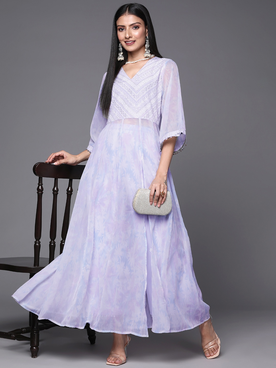 

Ahalyaa Blue Floral Printed V-Neck Sequinned A-Line Kurta With Palazzos