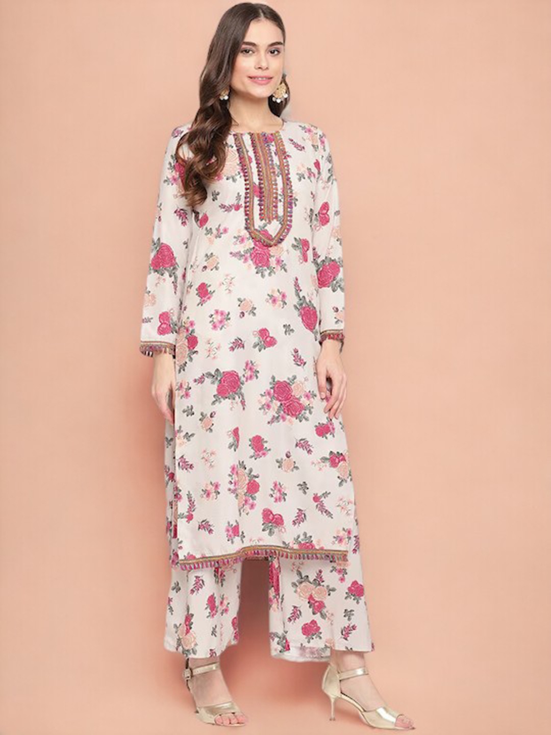 

Ahalyaa Beige Floral Printed Gotta Patti Detailed Straight Kurta