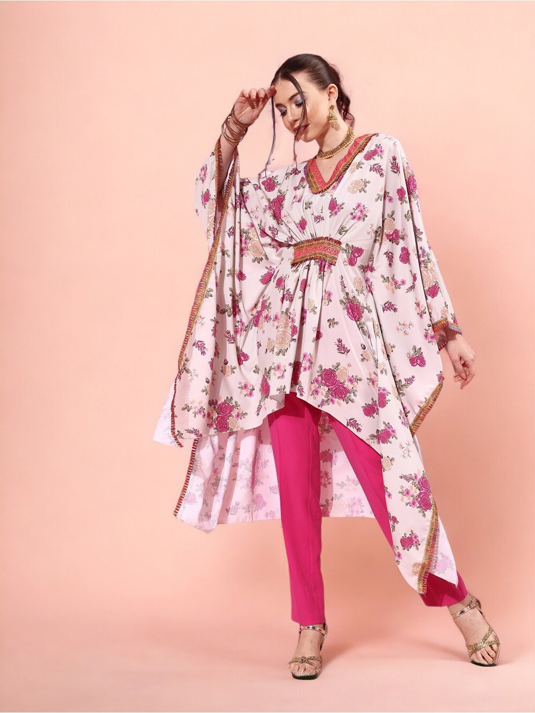 

Ahalyaa Floral Printed Flared Sleeves Beads and Stones Crepe Kaftan Kurta, Beige