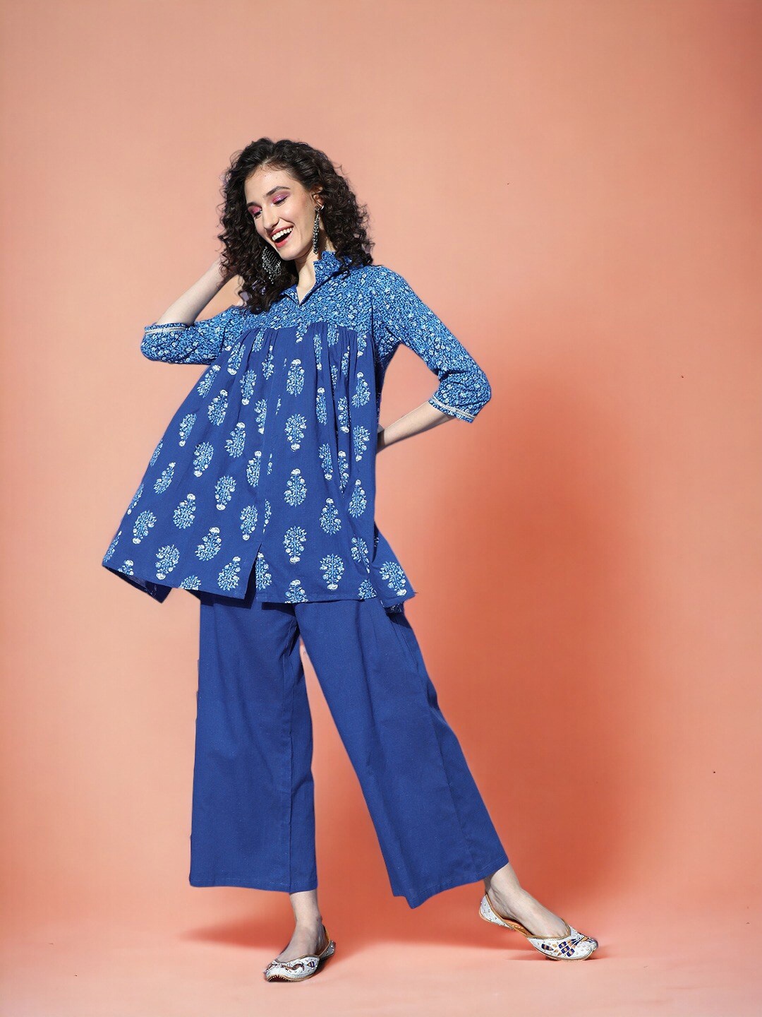 

Ahalyaa Printed Pure Cotton Tunic & Trousers Ethnic Co-Ord Set, Blue