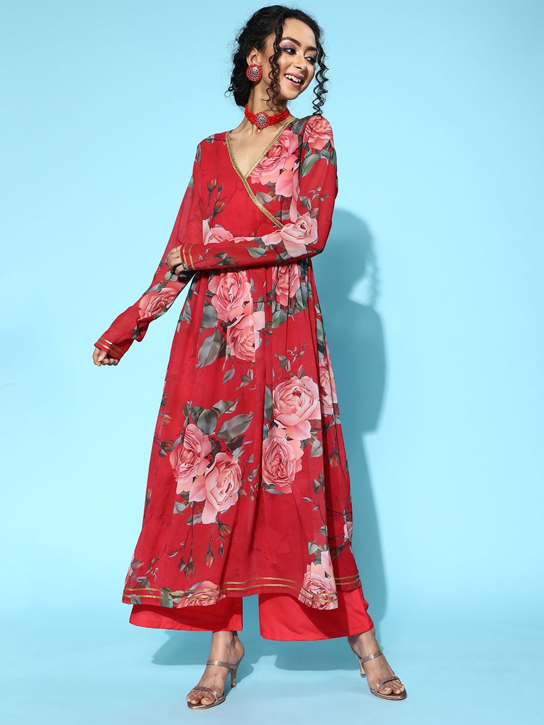 

Ahalyaa Floral Printed Gotta Patti V-Neck Long Sleeves Angrakha Anarkali Kurta Set, Red