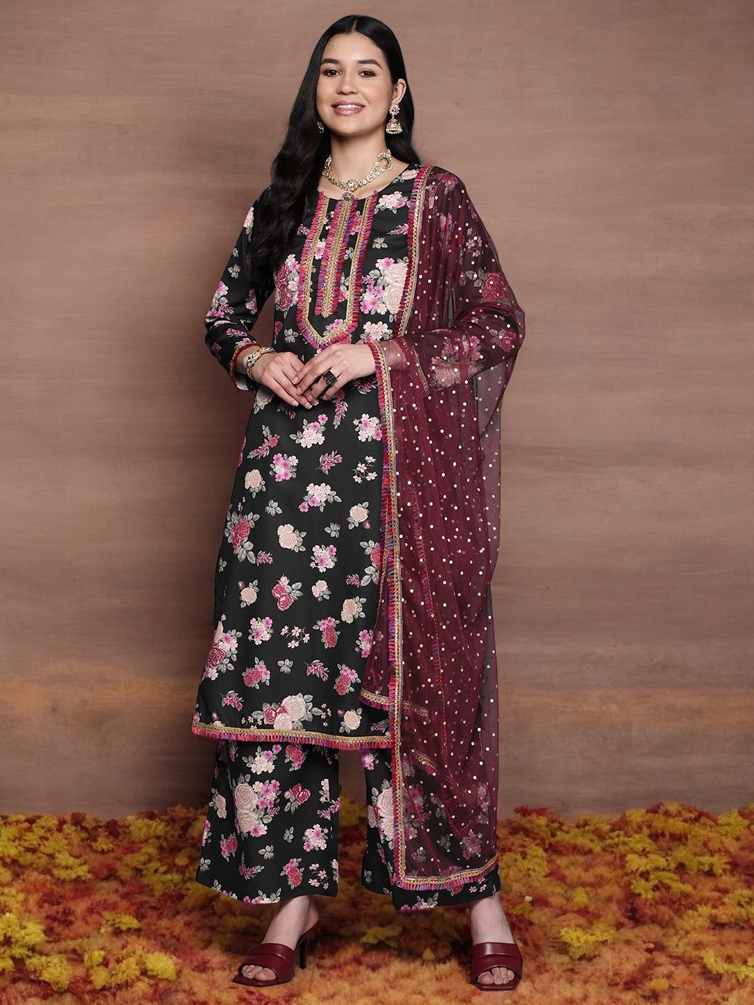 

Ahalyaa Black Floral Printed Round Neck Gotta Patti Straight Kurta With Palazzos & Dupatta