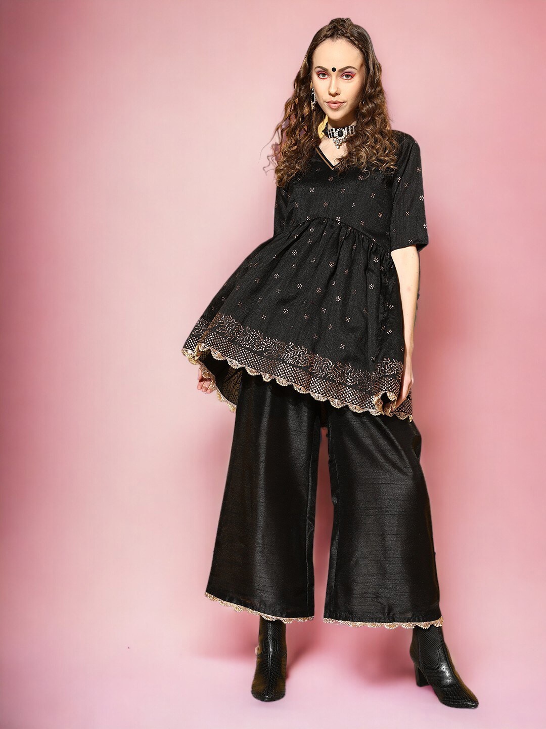 

Ahalyaa Ethnic Motifs Pleated Gotta Patti Flared A-Line Kurta With Palazzos, Black