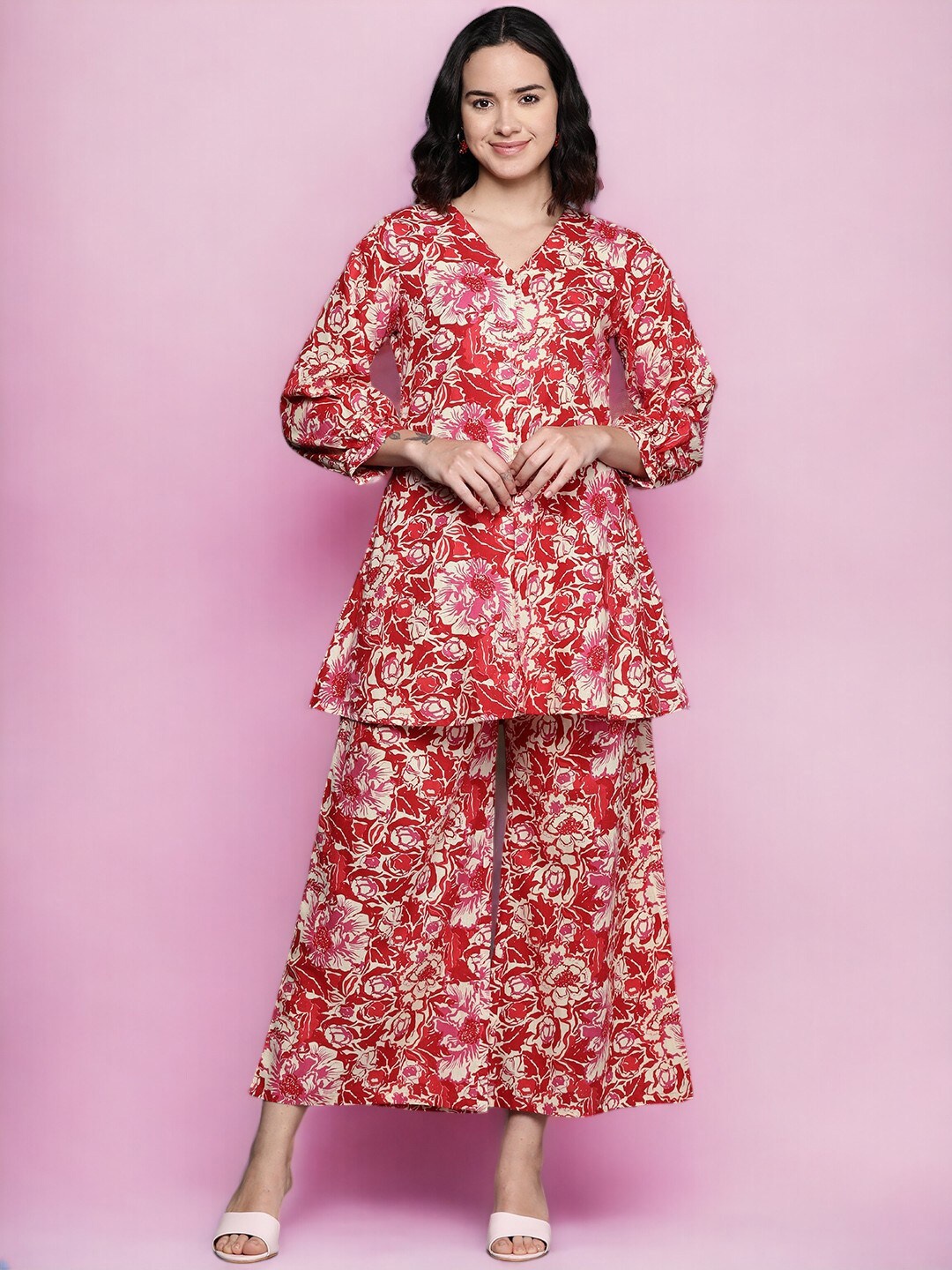 

Ahalyaa Printed Pure Cotton V-Neck Tunic & Palazzos, Red