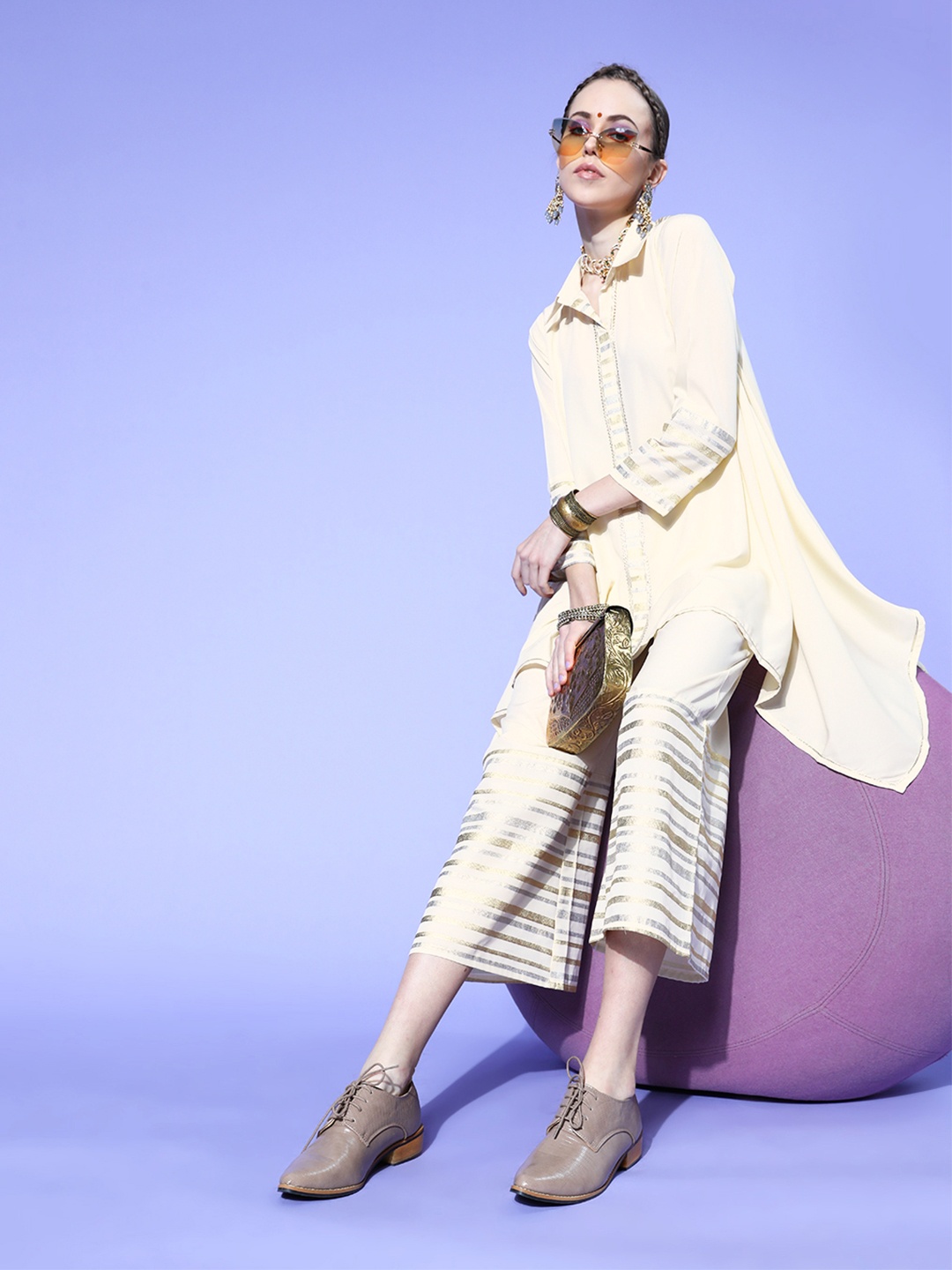 

Ahalyaa Striped Shirt Collar Tunic & Palazzos, Off white