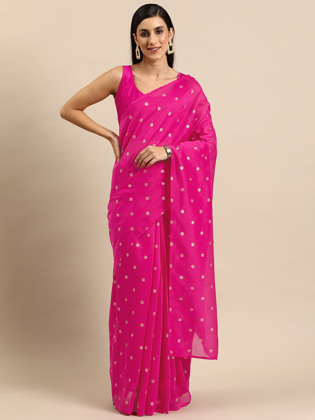 

Ahalyaa Fuchsia & Gold Toned Geometric Printed Saree