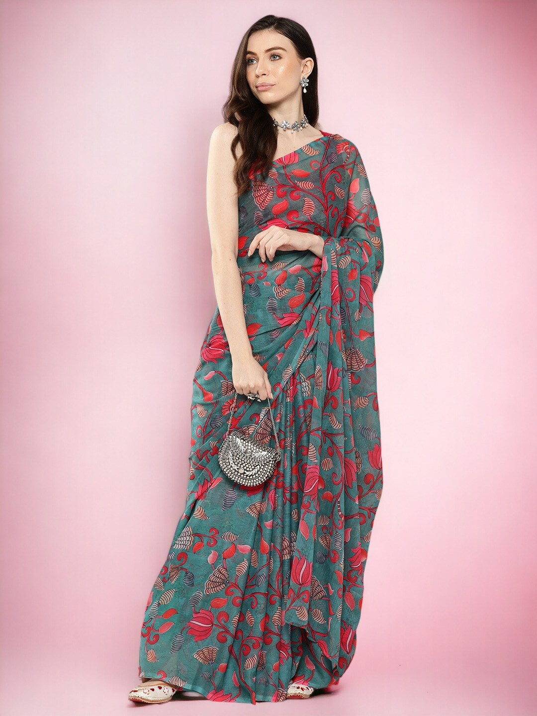 

Ahalyaa Green & Red Floral Printed Saree