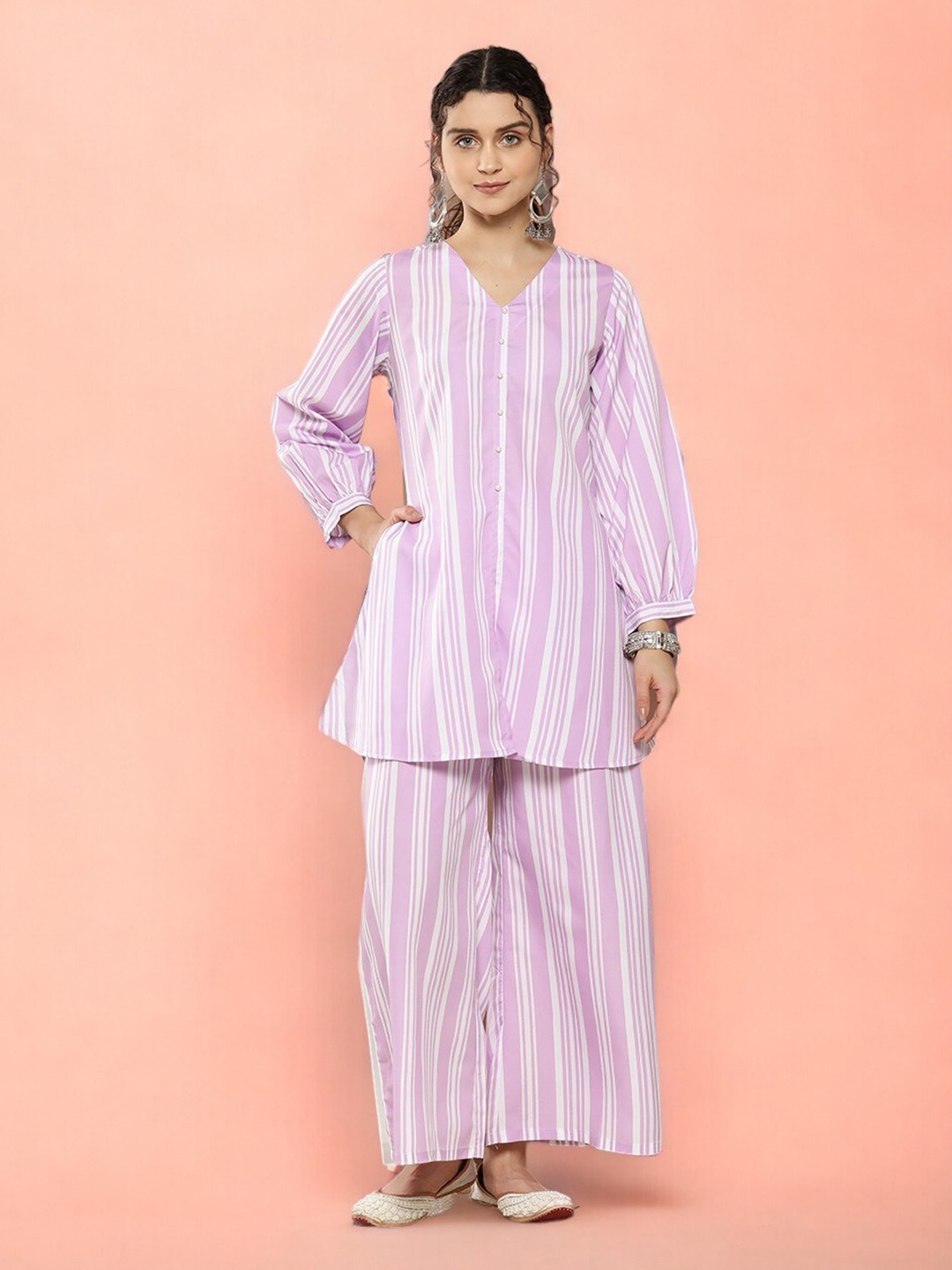 

Ahalyaa Striped V-Neck Top & Palazzo Ethnic Co-Ords, Lavender