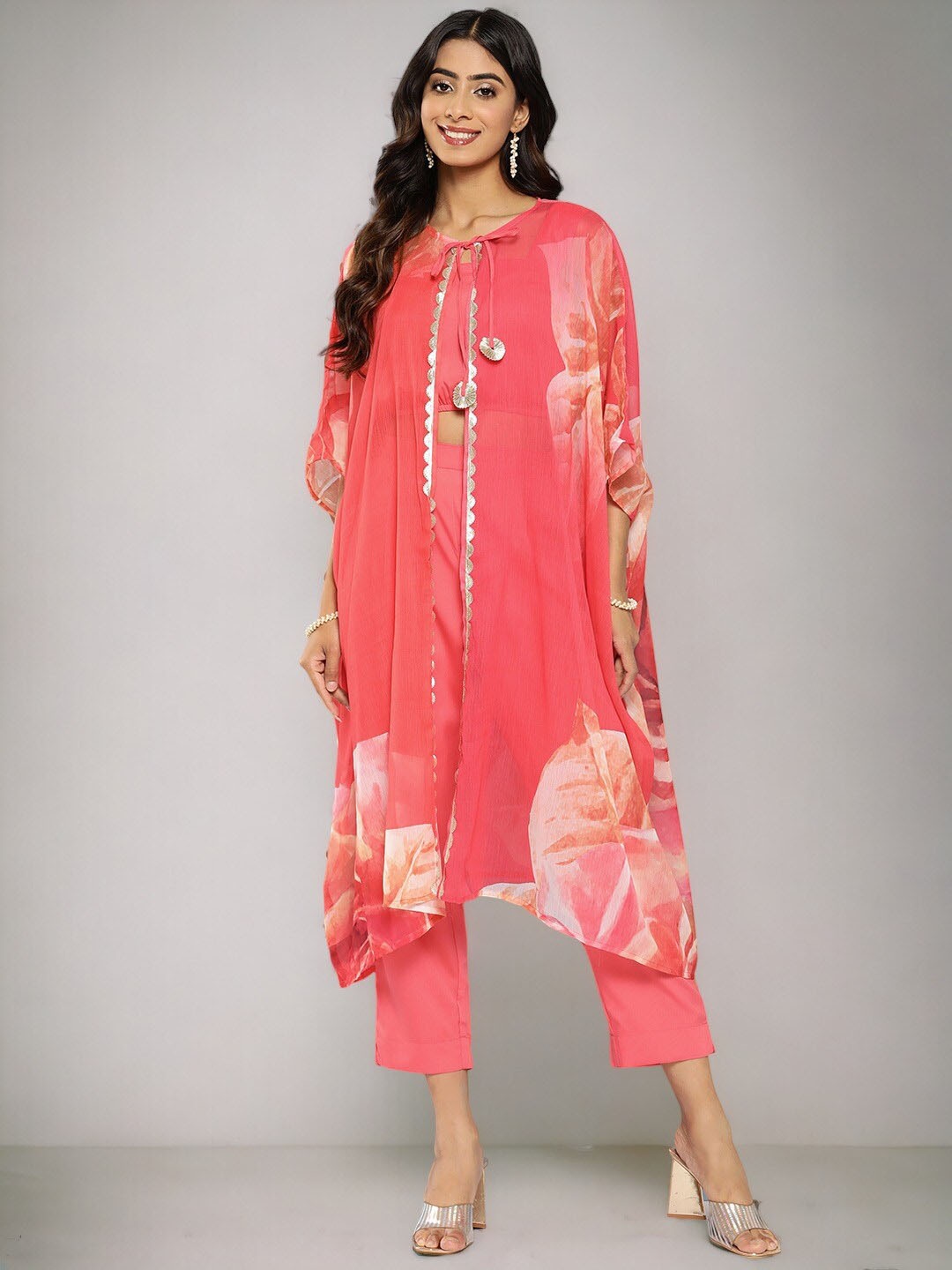 

Ahalyaa Printed Square Neck Crop Top With Printed Jacket & Trouser Co-Ords, Coral