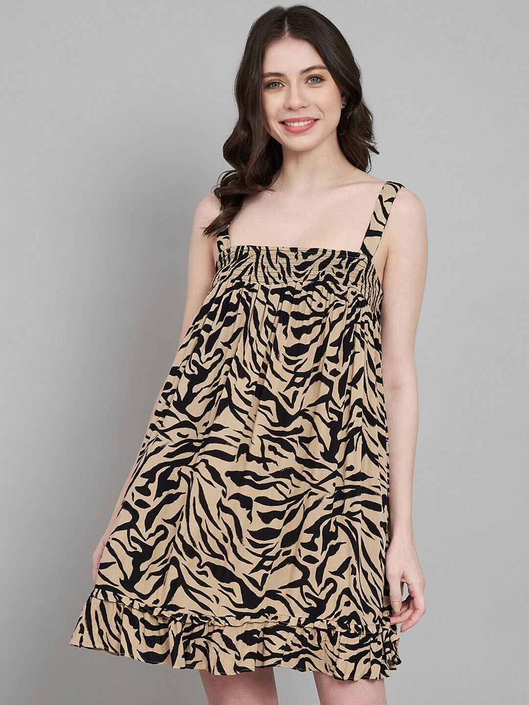 

Amagyaa Cotton Animal Printed A-Line Dress, Beige