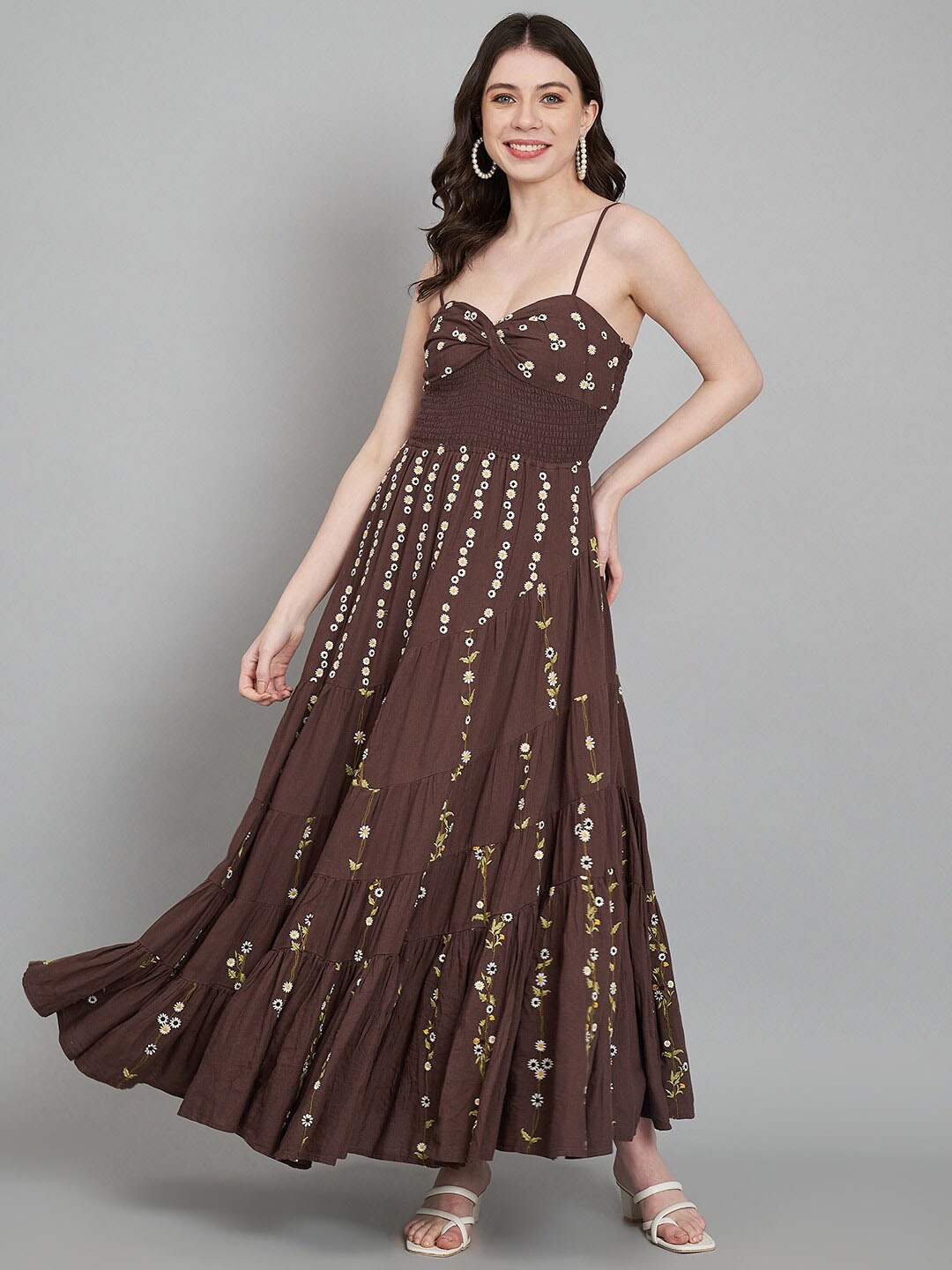 

Amagyaa Floral Printed Shoulder Straps Cotton Maxi Dress, Brown