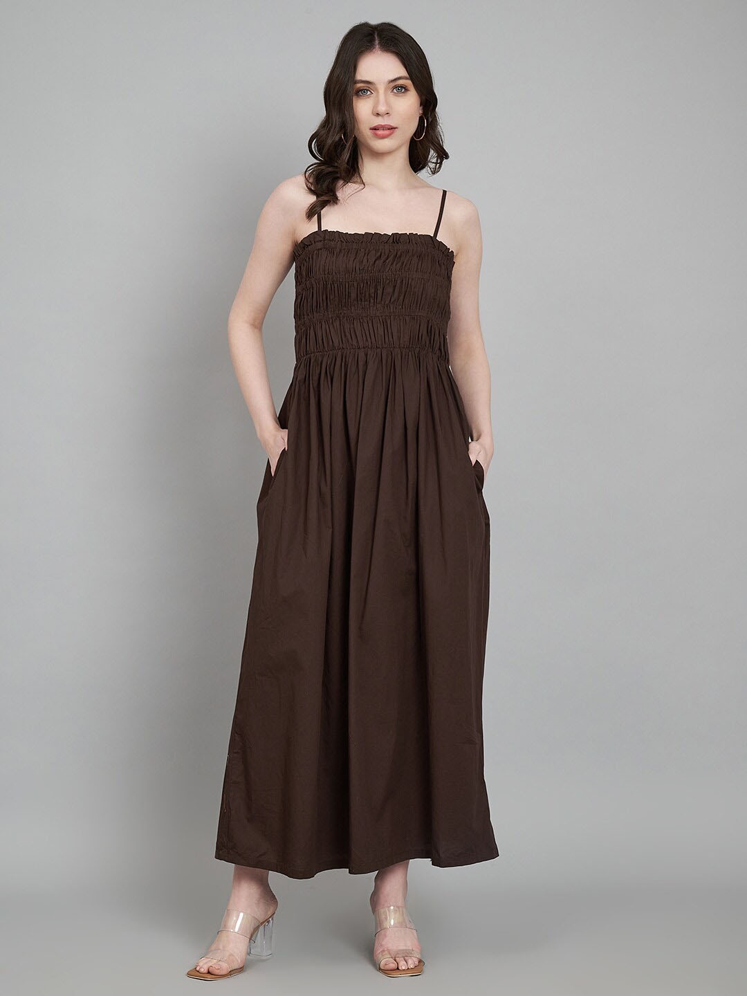 

Amagyaa Shoulder Straps Smocked Cotton Maxi Dress, Brown