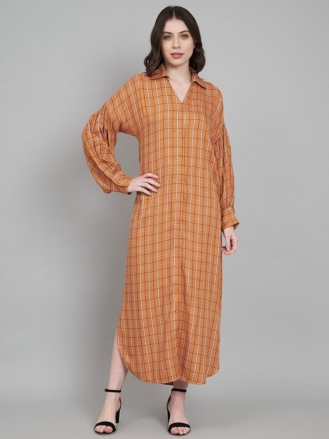 

Amagyaa Checked V-Neck Long Sleeves Maxi Dress, Mustard