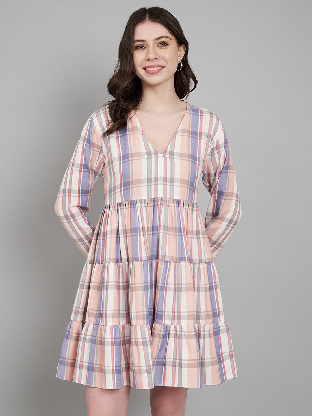 

Amagyaa Checked V-Neck Cotton Fit & Flare Dress, Off white