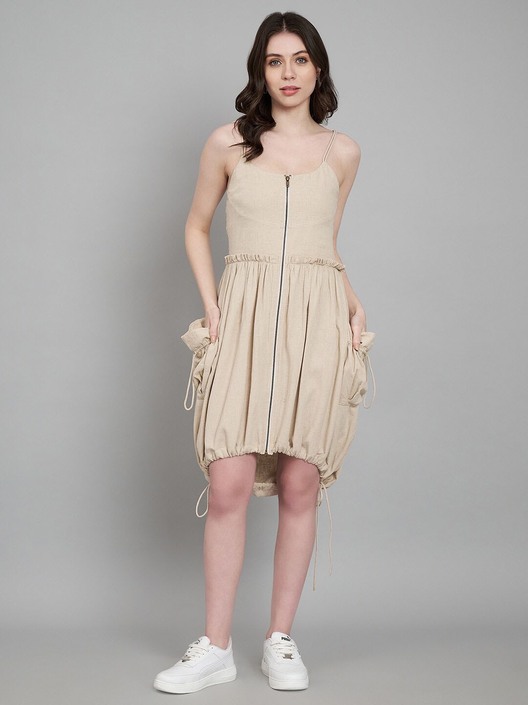 

Amagyaa Shoulder Straps Gathered Cotton Fit & Flare Dress, Beige