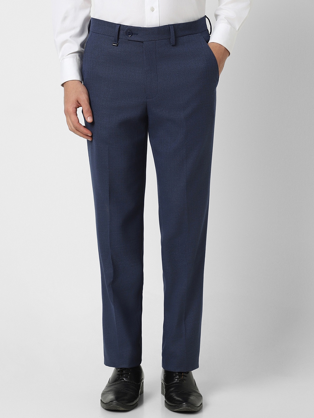 

Van Heusen Men Textured Mid-Rise Regular Fit Formal Trousers, Blue