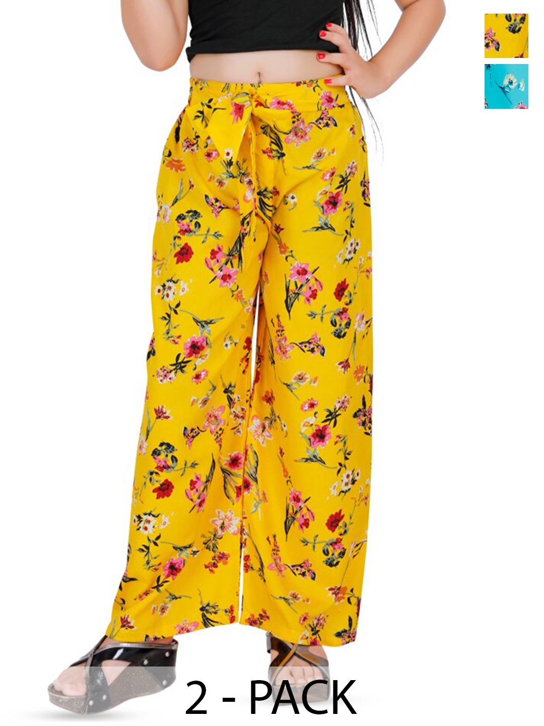 

BAESD Girls Pack Of 2 Floral Printed Wide Leg Relaxed Palazzos, Yellow