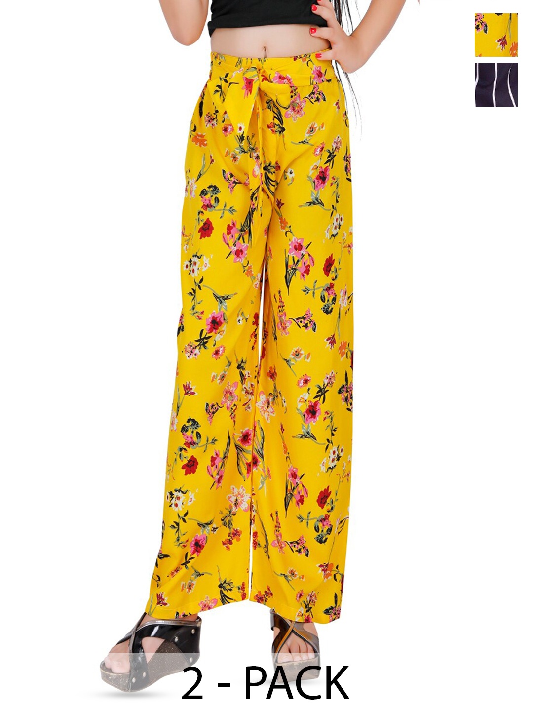 

BAESD Girls Pack Of 2 Floral Printed Crepe Palazzos, Yellow