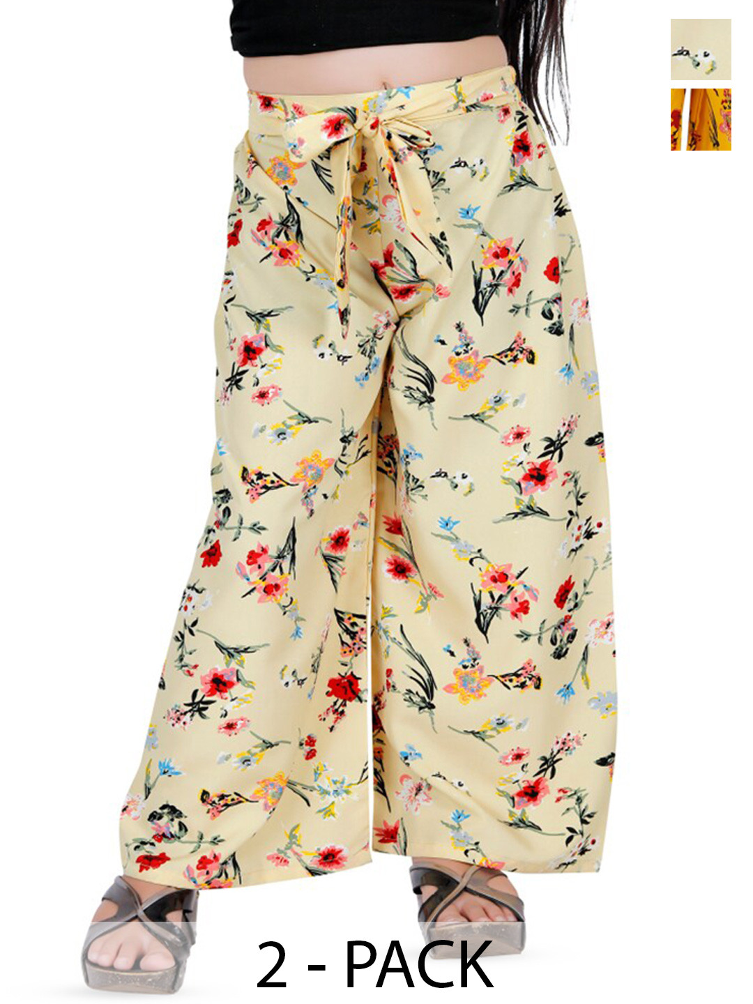

BAESD Girls Pack Of 2 Floral Printed Wide Leg Crepe Palazzos, Beige