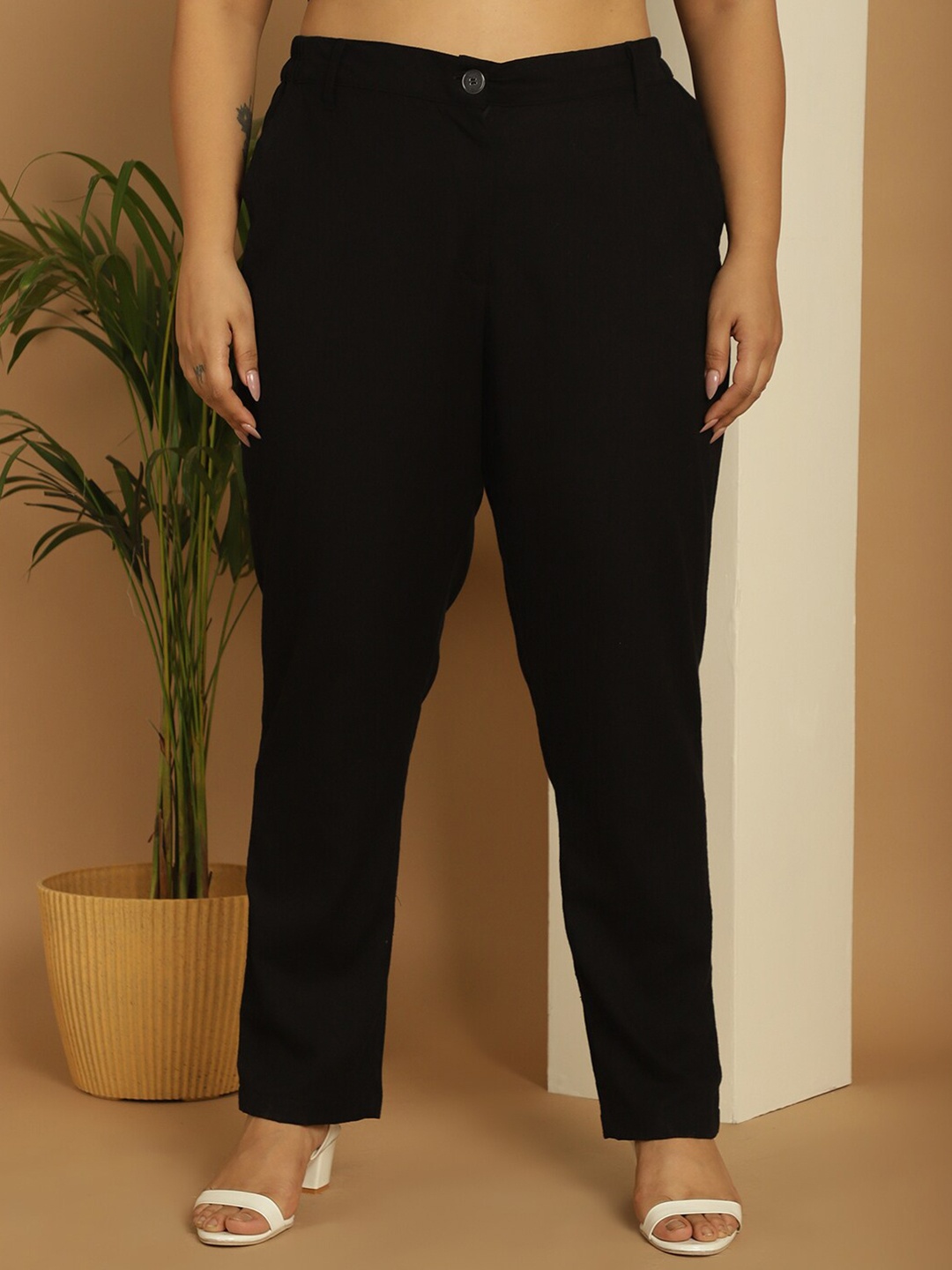 

theRebelinme Women Smart Straight Fit High-Rise Linen Parallel Trousers Plus Size, Black