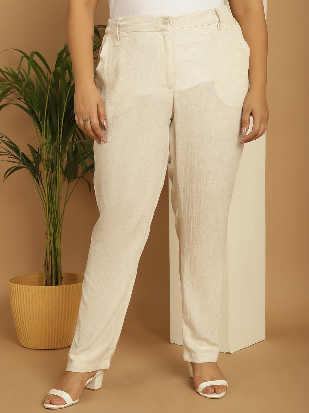 

theRebelinme Women Smart Straight Fit High-Rise Linen Parallel Trousers Plus Size, Off white