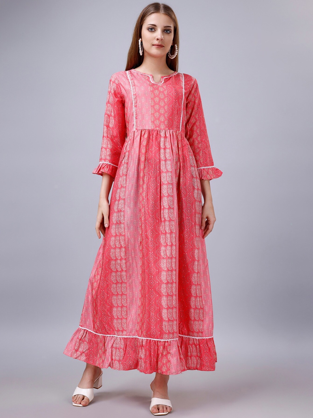

GoStyle Floral Printed Cotton Fit & Flare Maxi Dress, Coral
