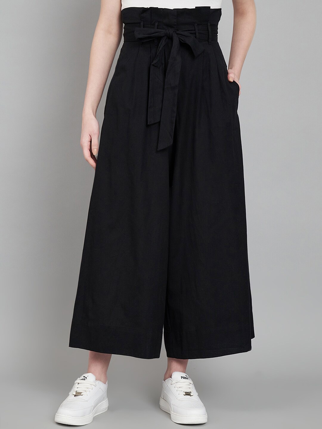 

Amagyaa Women Loose Fit High-Rise Pure Cotton Parallel Trousers, Black