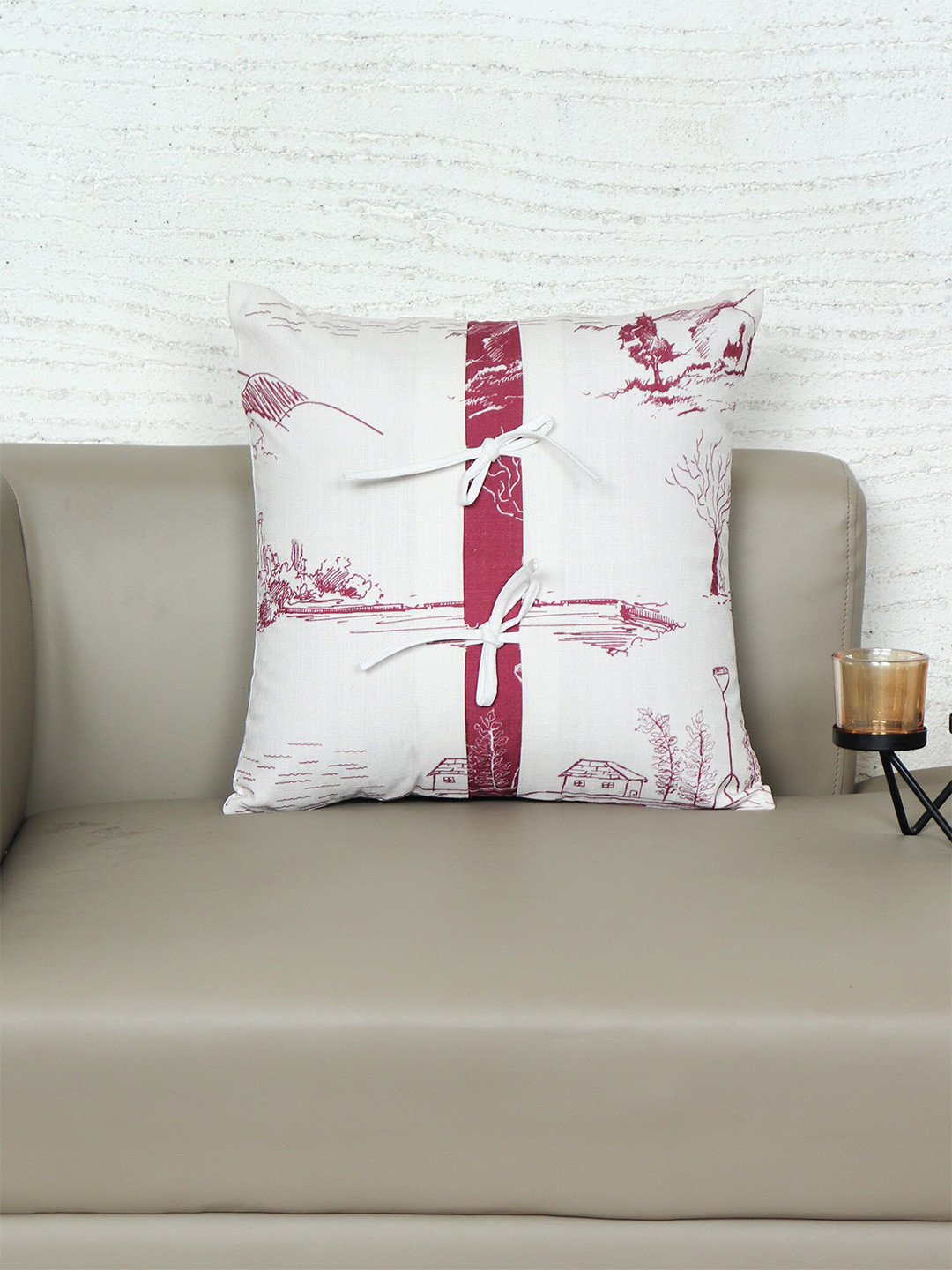 

ZEBA White & Red Printed Overlapping Patch And Dori Square Cushion Cover