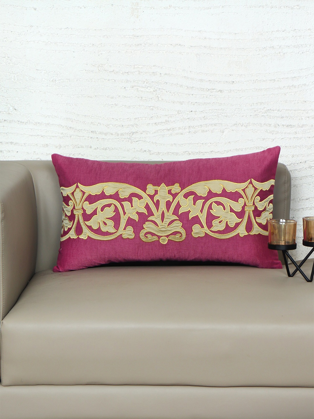 

ZEBA Magenta & Beige Floral Embroidered Rectangle Cushion Cover