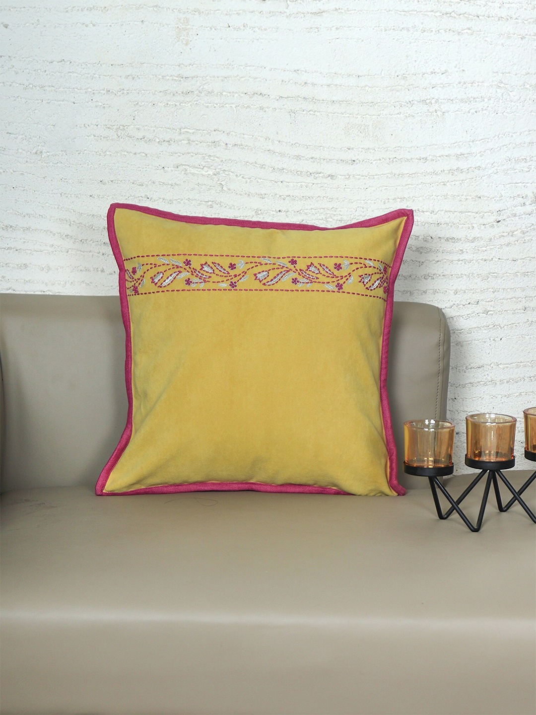 

ZEBA Yellow & Pink Ethnic Motifs Embroidered Square Cushion Cover