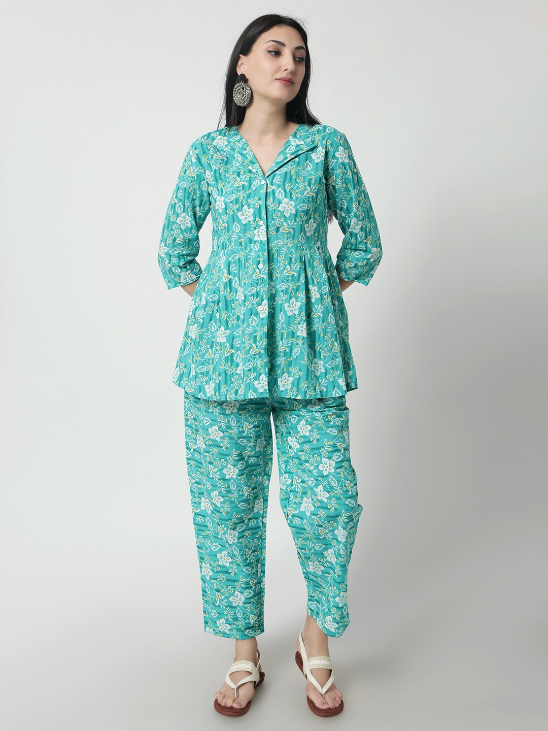 

KALINI Floral Printed Pure Cotton Tunic & Trousers Co-Ords, Sea green